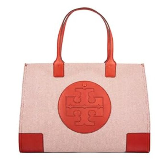 TORY BURCH Handbag Ella Vermilion Canvas x Leather Big Logo Genuine Product - Picture 1 of 11